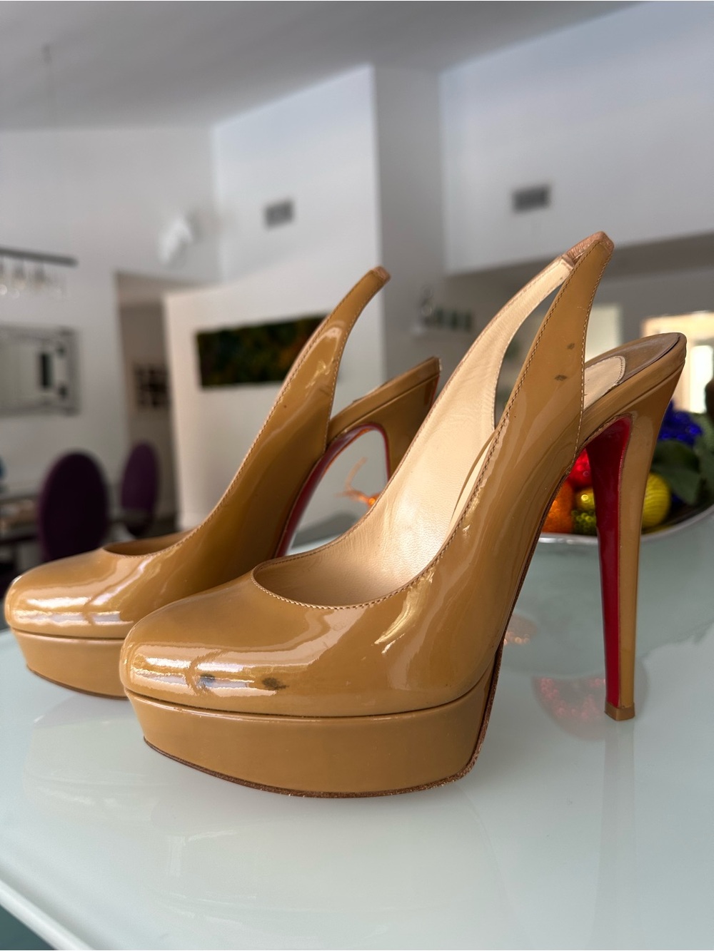 Christian Louboutin Patent Tan nude Platform Slingback Pumps size 37 US 6 1/2